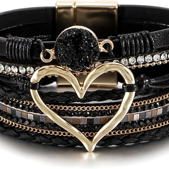 Leopard Bracelet for Women, Boho Leather Wrap Multi-Layer Pearl Crystal Bracelet - Picture 1 of 7